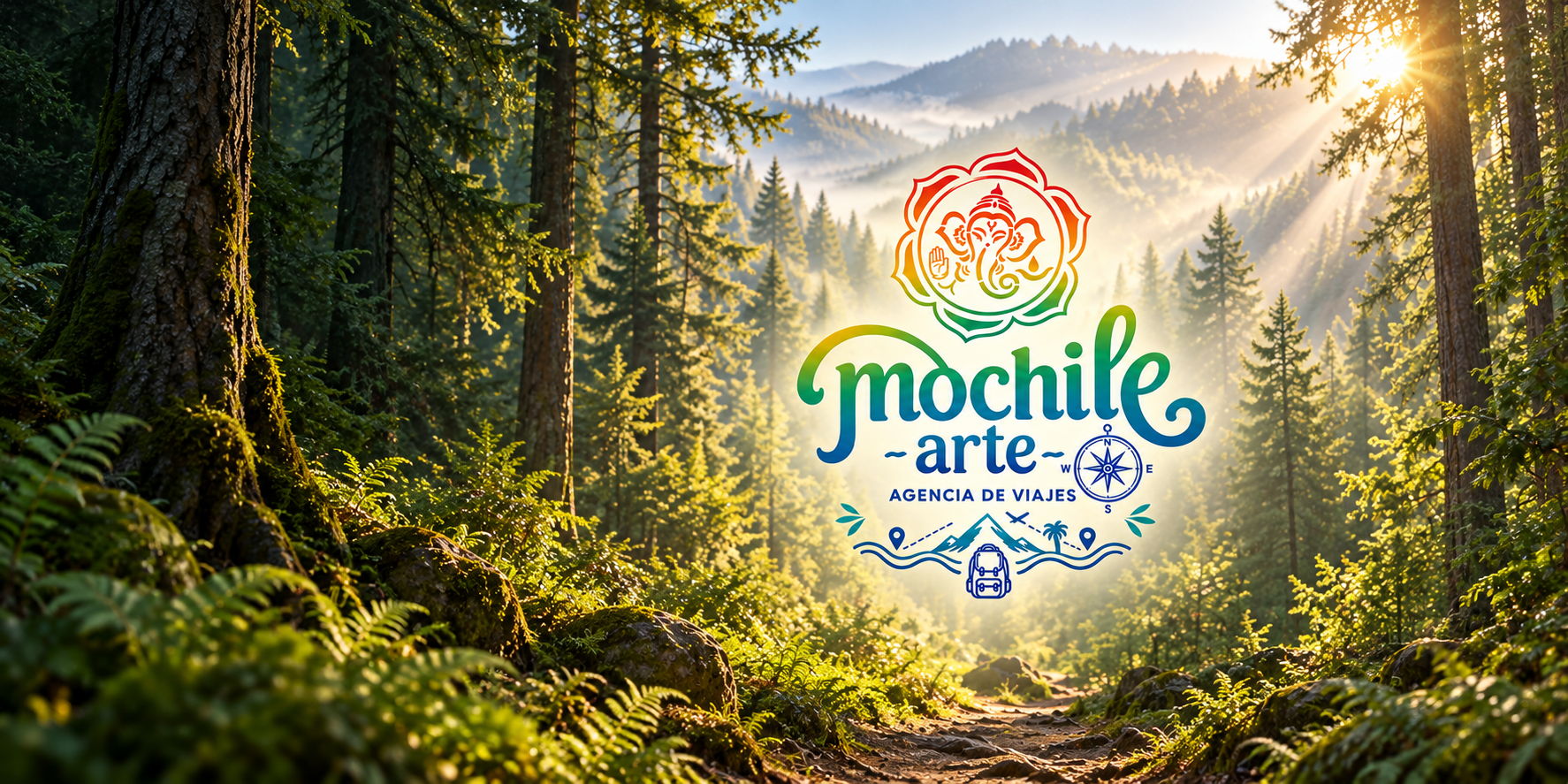 Mochile Arte, agencia de viajes: logo multicolor sobre un bosque iluminado con un sendero